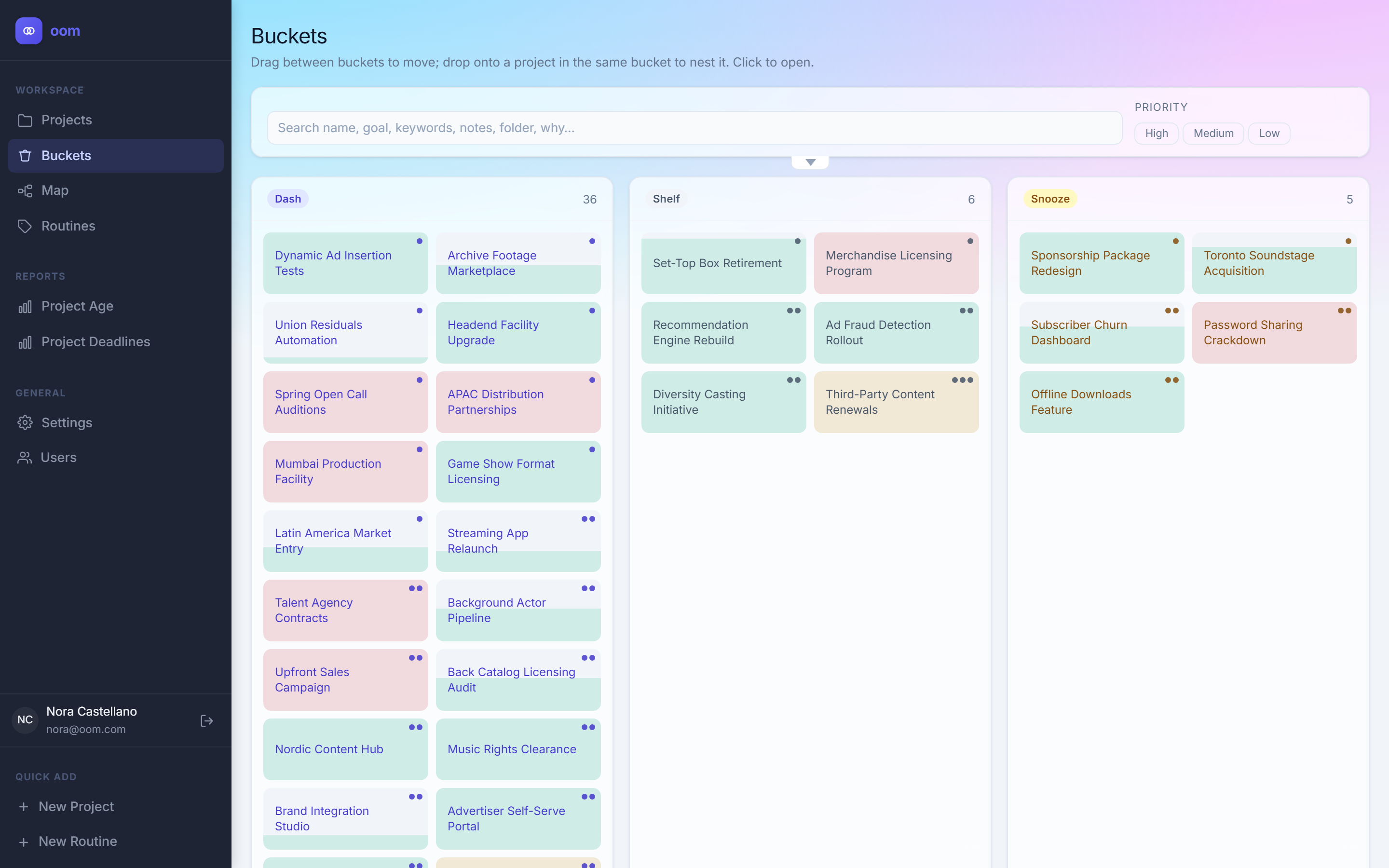 The oom spaces board with Dash, Shelf and Snooze columns of draggable project cards.